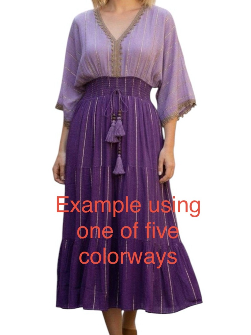 Kendall Boho Summer Rayon Midi 3/4 Sleeve Embroidery Metallic Accent Dress - Picture 2 of 4